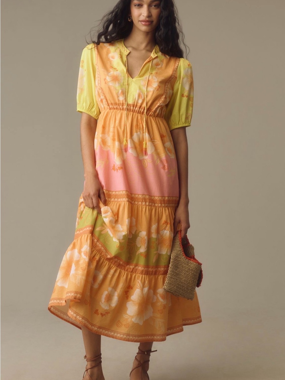 FARM Rio Yellow, Pink & Orange Floral Maxi Dress Sz. L exclusively Anthropologie